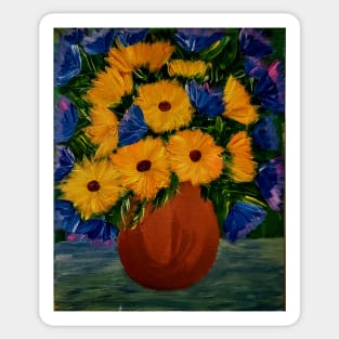 Some blue flowers and sunflowers in a bronze vase Sticker